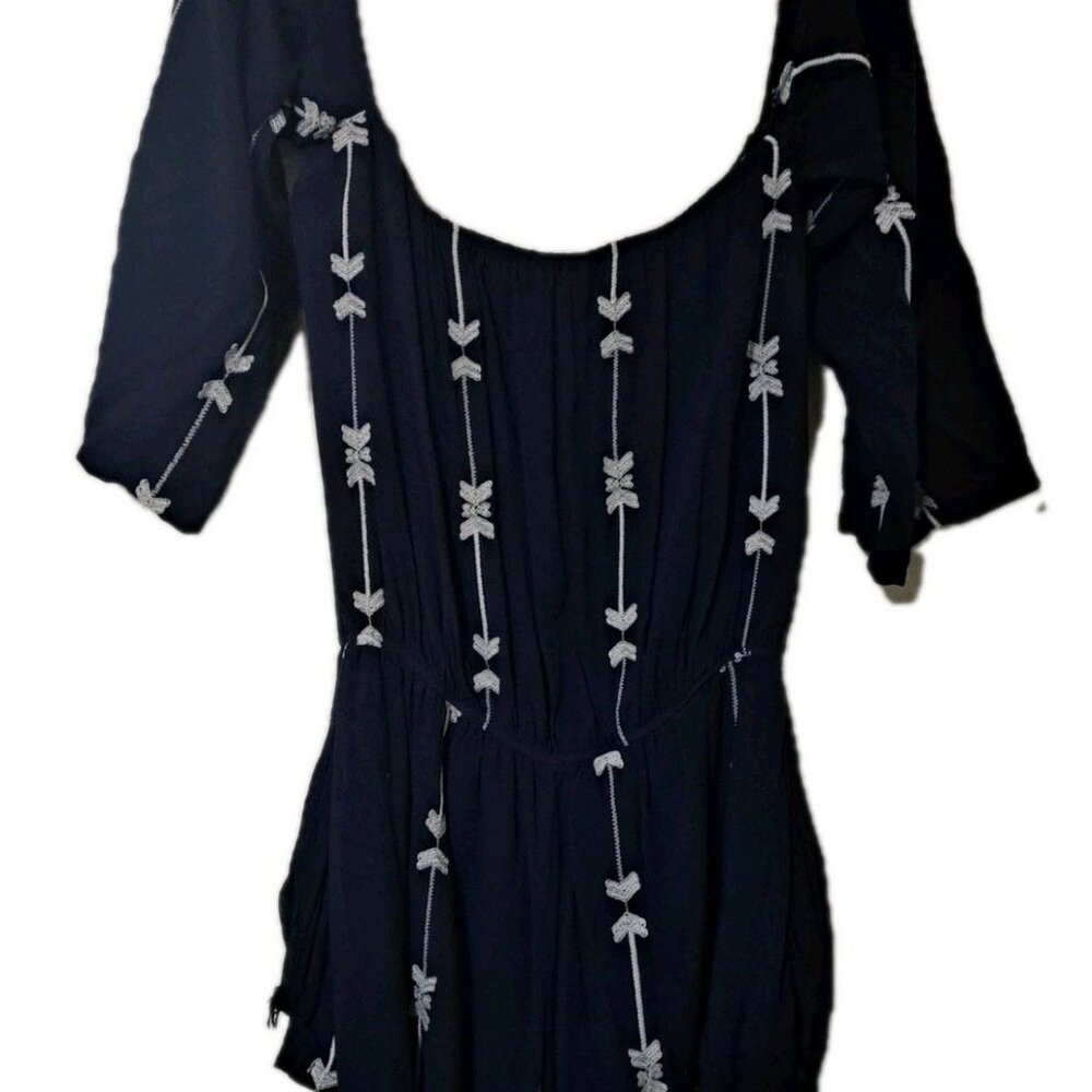 Exist Womens Romper Shorts Large Navy Blue white Boho Cold Shoulder Peasant